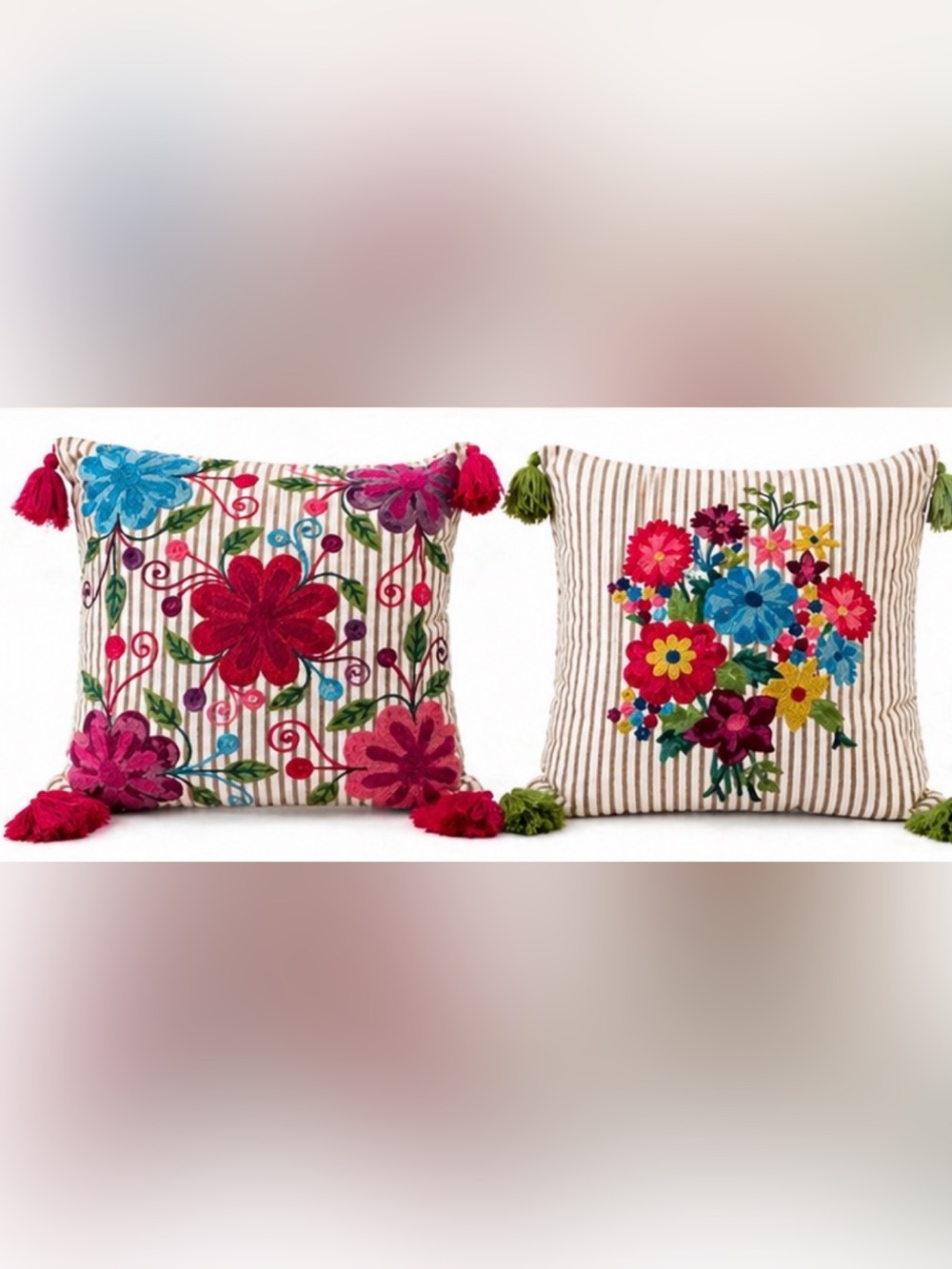 Pair Of Embroidered Throw Pillows Boho Floral Tassel Fringe 18x18 SARO Lifestyle